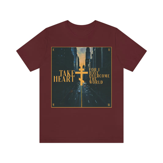 Take Heart, For I Have Overcome the World (John 16:33) | Redemptive Modern City Street Scene Design | Orthodox Christian T-Shirt