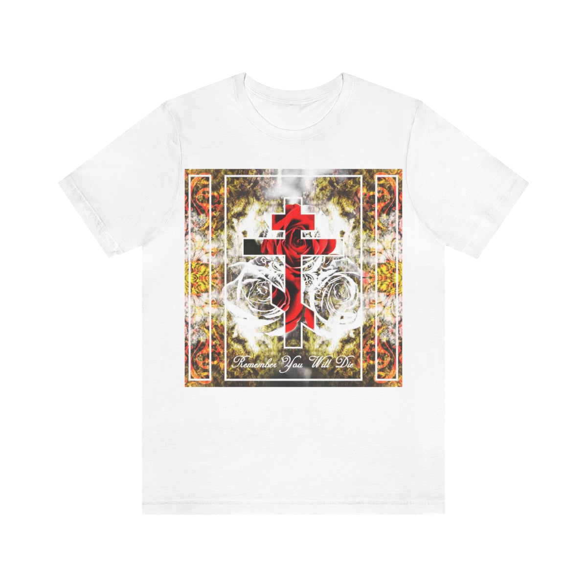 Remember You Will Die | Red Cross on Floral Texture | Orthodox Christian T-Shirt
