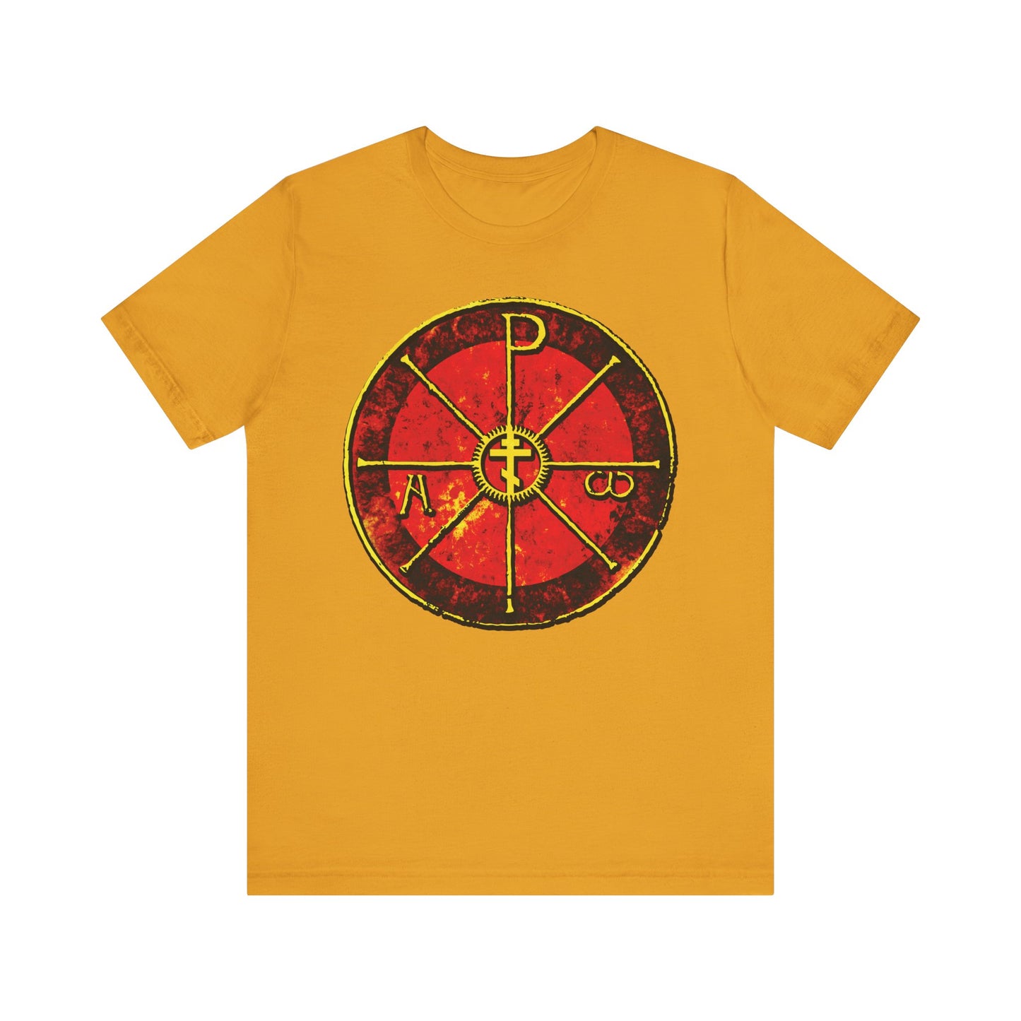 Mustard Alpha & Omega Chi Rho Orthodox Cross T-shirt featuring a large ancient Christogram on the front, inspired by Saint Ambrose’s Chrismon from Milan Cathedral; lightweight cotton.