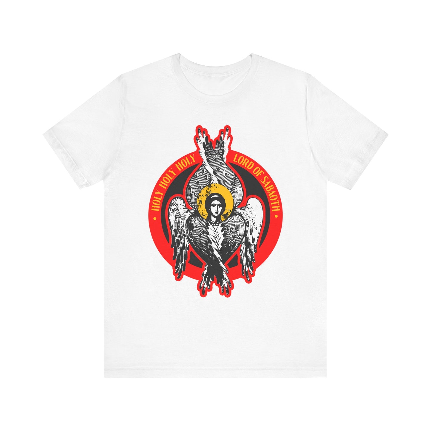 White cotton unisex tee featuring a seraphim with crossed wings, inside a red circle with the text "HOLY HOLY HOLY LORD OF SABAOTH," inspired by Isaiah 6. From the Holy Holy Holy, Lord of Sabaoth Seraphim Angel IconoGraphic collection.