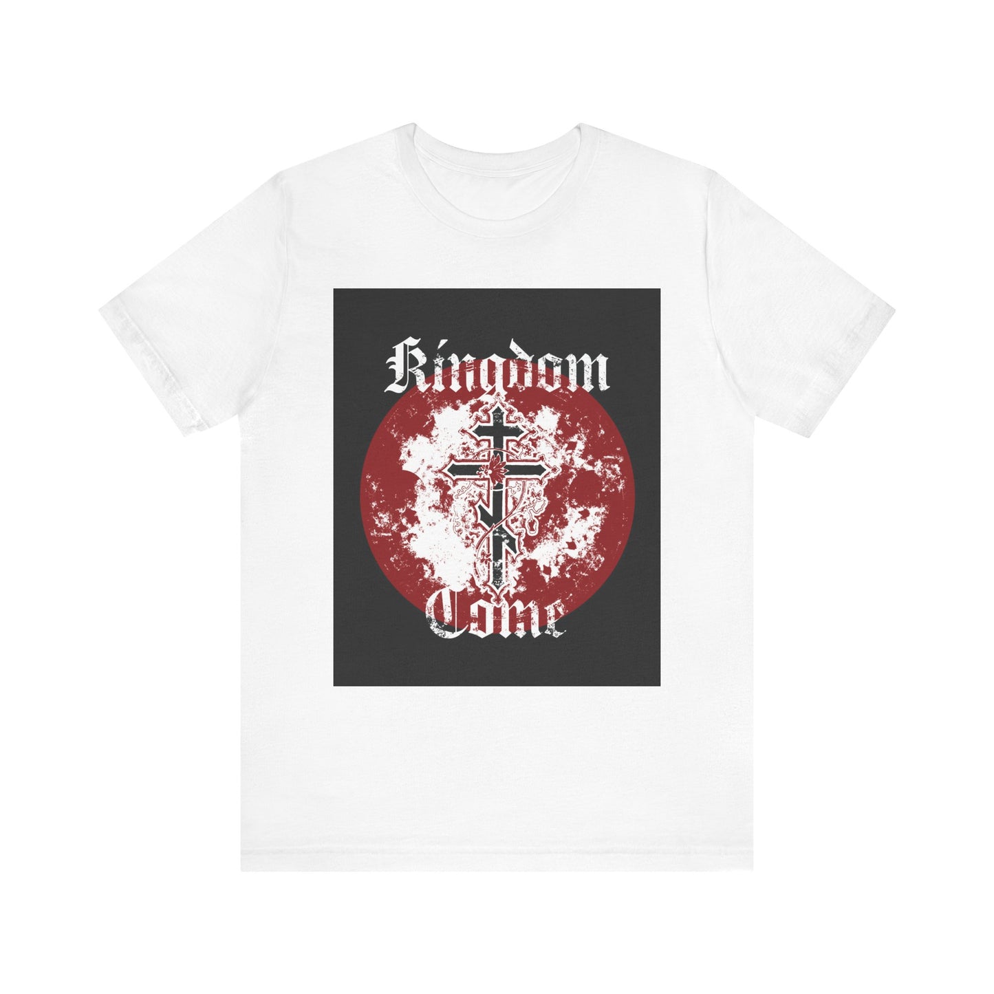 White Kingdom Come | Lord's Prayer lightweight unisex cotton tee featuring an Orthodox Cross with vine, textured gothic font, and a bold black rectangle design—a modern expression of “Thy Kingdom come” inspired by the Orthodox Christian tradition.