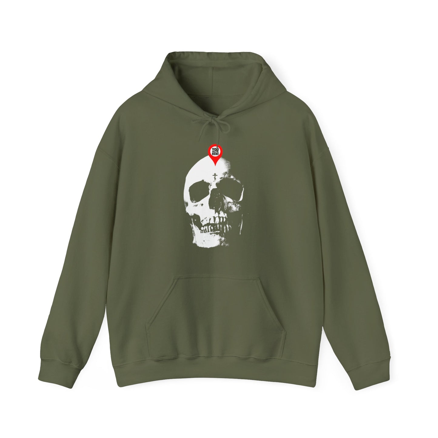Military green hoodie with a skull and map marker design—a bold memento mori inspired by St. Ignatius Brianchaninov. "What You Are I Once Was, Remember You Will Die." Orthodox Christian-themed.