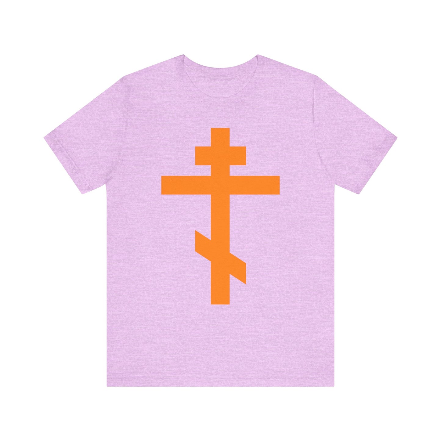 Heather Prism Lilac t-shirt featuring a large orange Orthodox Tribar Cross on the front, inspired by the Troparion “Preserve Thy People By Thy Cross, O Lord” and honoring St. John of Kronstadt.