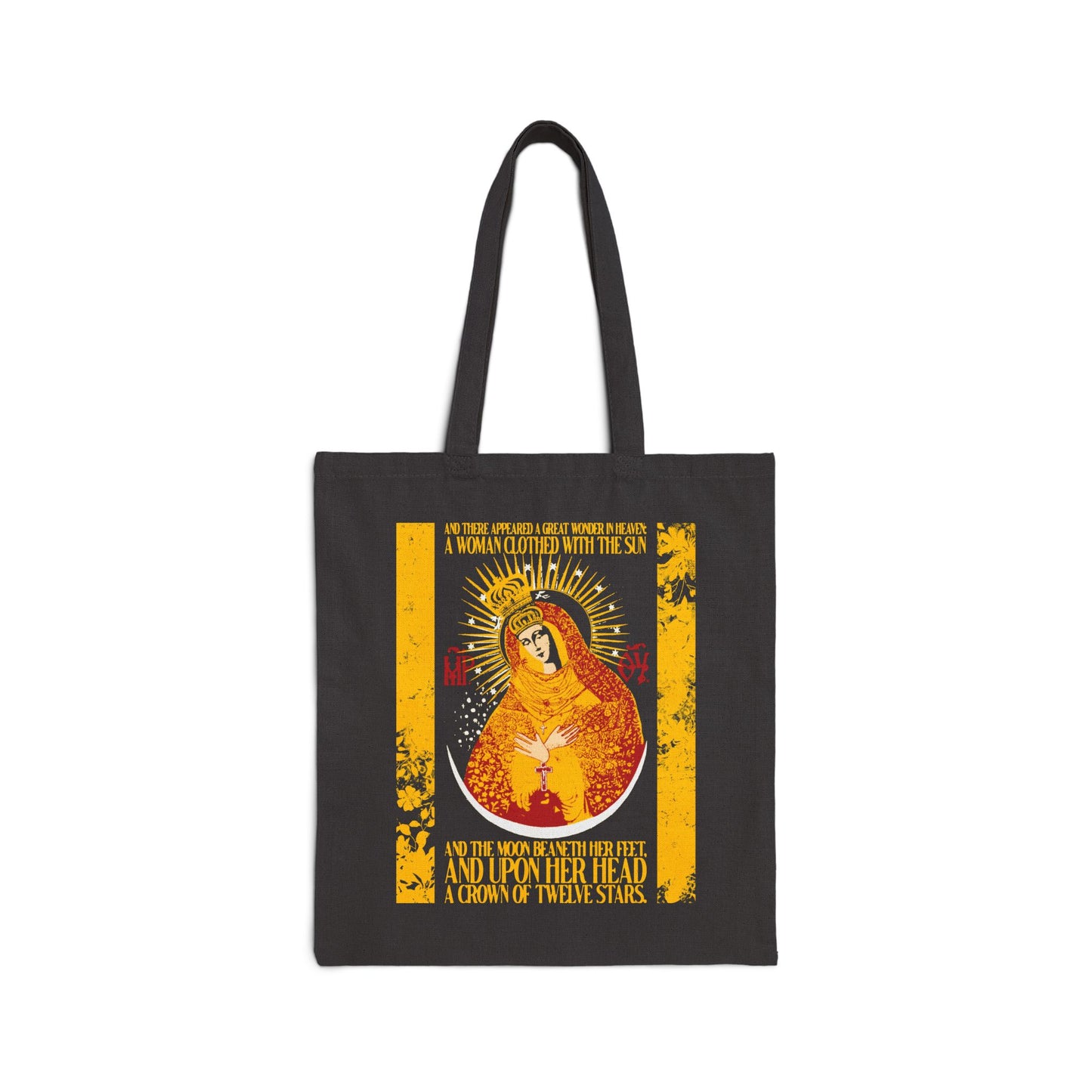 Black cotton tote bag featuring “Our Lady the Gate of Dawn” (Theotokos) with gold floral texture design and Revelation 12:1, inspired by the Woman of the Apocalypse.