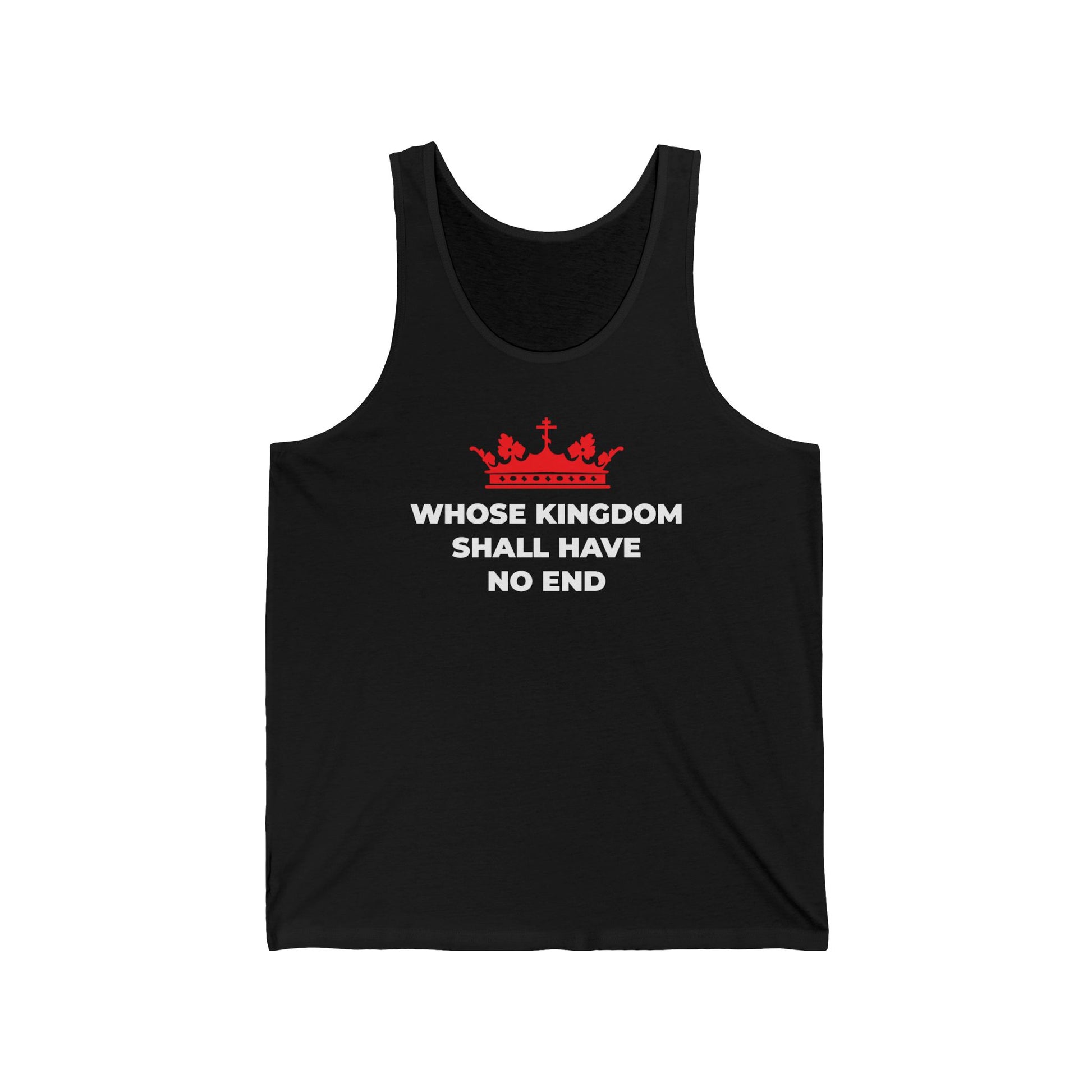 Black Christian cotton tank top with a red Orthodox cross crown above “Whose Kingdom Shall Have No End,” inspired by the Nicene Creed and Christian eschatology.