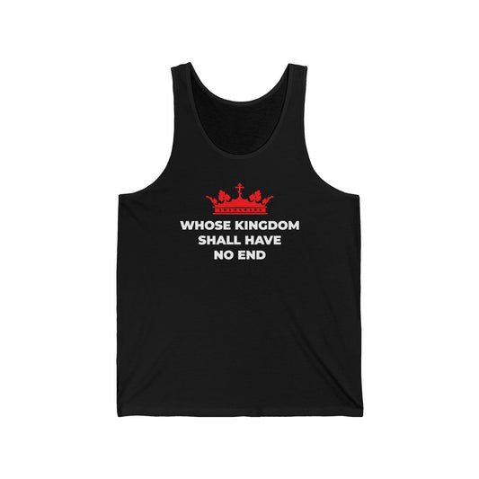 Black Christian cotton tank top with a red Orthodox cross crown above “Whose Kingdom Shall Have No End,” inspired by the Nicene Creed and Christian eschatology.