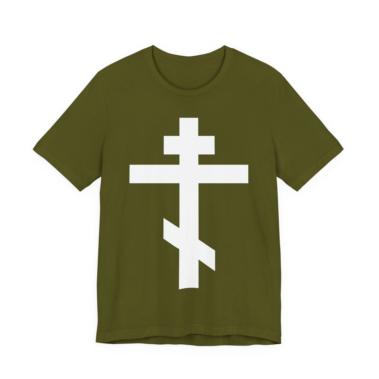 Olive unisex tee with a large white Orthodox Cross on the front, inspired by Galatians 6:14: "May I never boast, except in the cross of our Lord Jesus Christ." Perfect for expressing your Orthodox Christian faith.