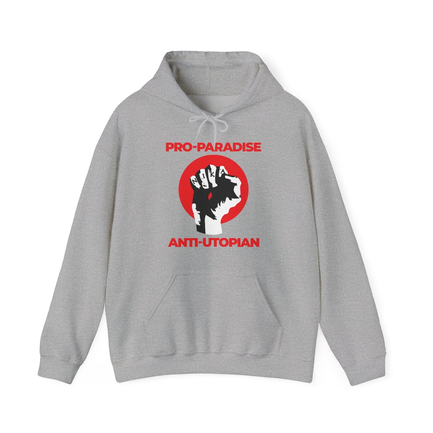 Pro-Paradise Anti-Utopian | Jesus Christ Crucified NIKA Fist | Resist the Dominant Secular Paradigm | Orthodox Christian Hoodie