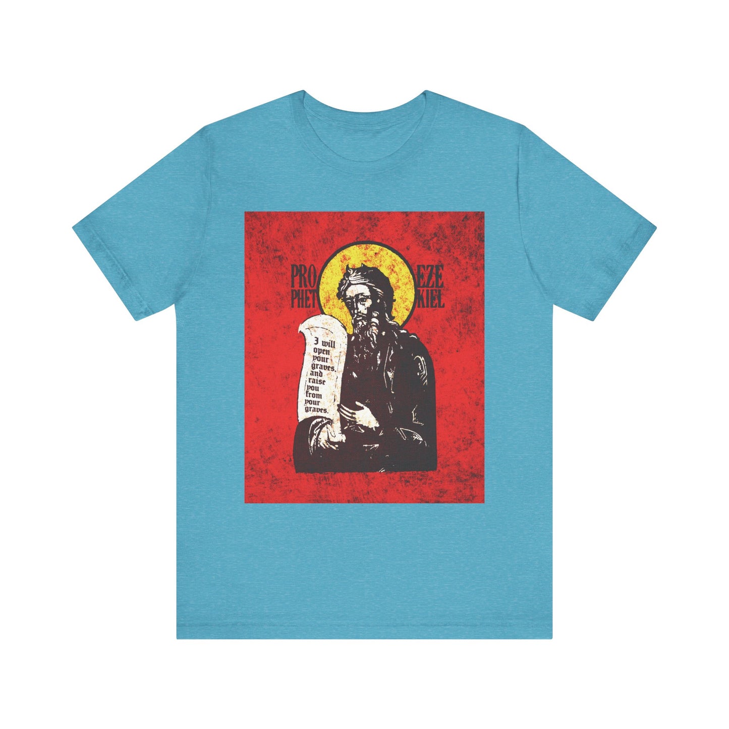 Heather Aqua "Prophet Ezekiel IconoGraphic" unisex tee featuring a textured, high-contrast design of the Old Testament prophet holding a scroll, set against bright red and yellow hues—symbolizing the breath of life from the Spirit of the Lord.