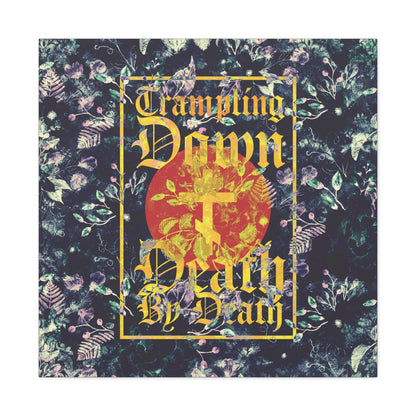 Trampling Down Death By Death | Paschal Floral Design with Gothic Script and Three-Bar Cross | Orthodox Christian Canvas Art