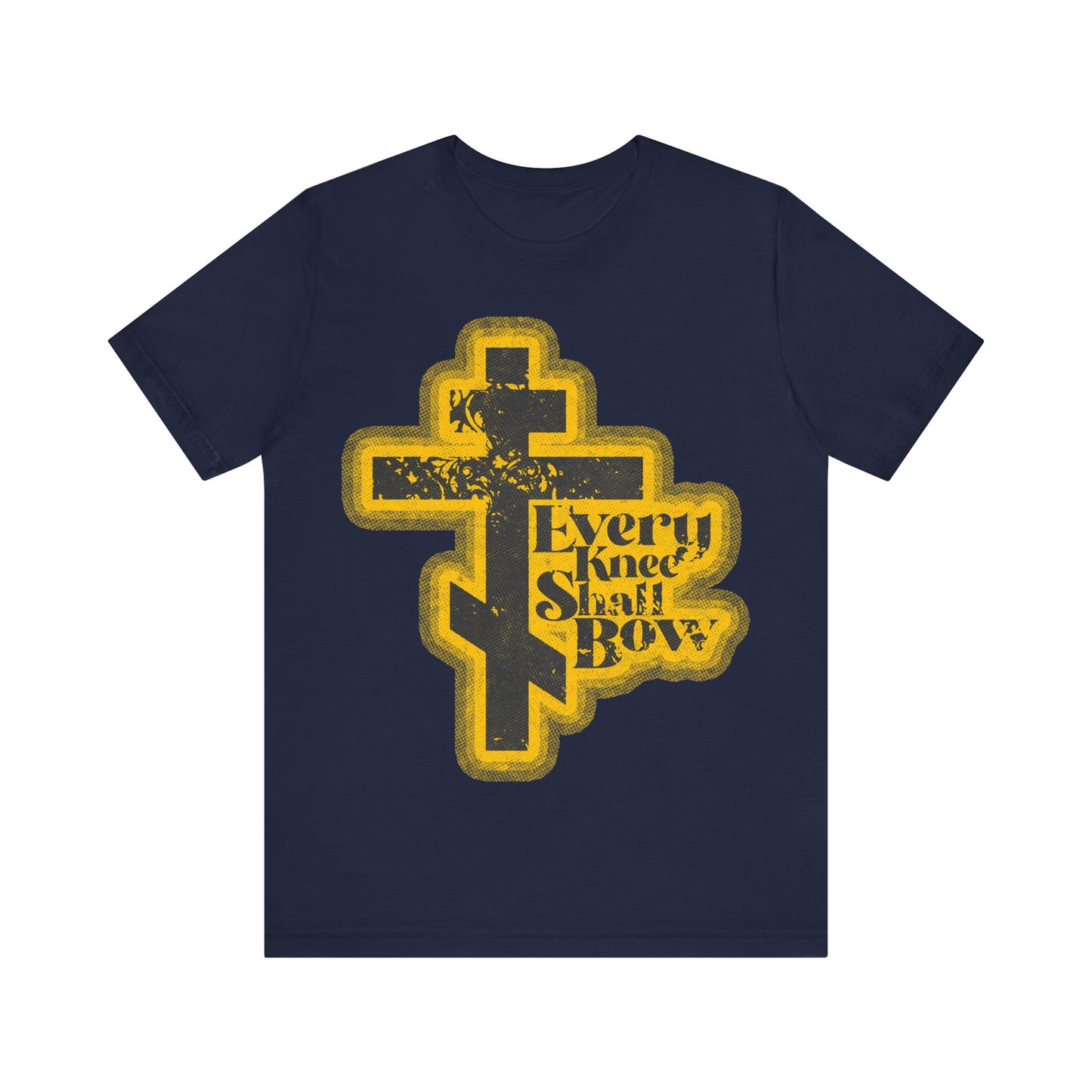 Navy Orthodox Christian t-shirt with a 70s distressed halftone comic book aesthetic, featuring “Every Knee Shall Bow” from Philippians 2:10-11 and Isaiah 45:23.