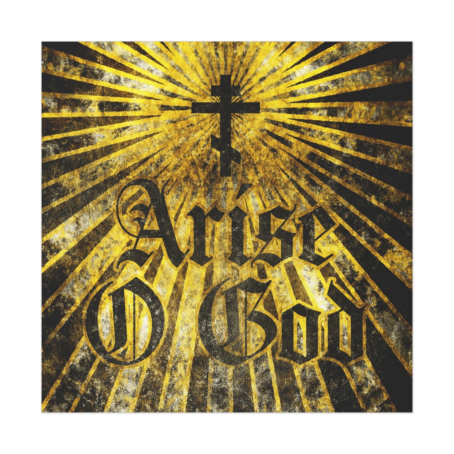 “Arise O God” Orthodox Christian art poster with textured gothic font, Orthodox cross, and golden rays, inspired by Psalm 81 (82 LXX) and the Divine Council worldview.