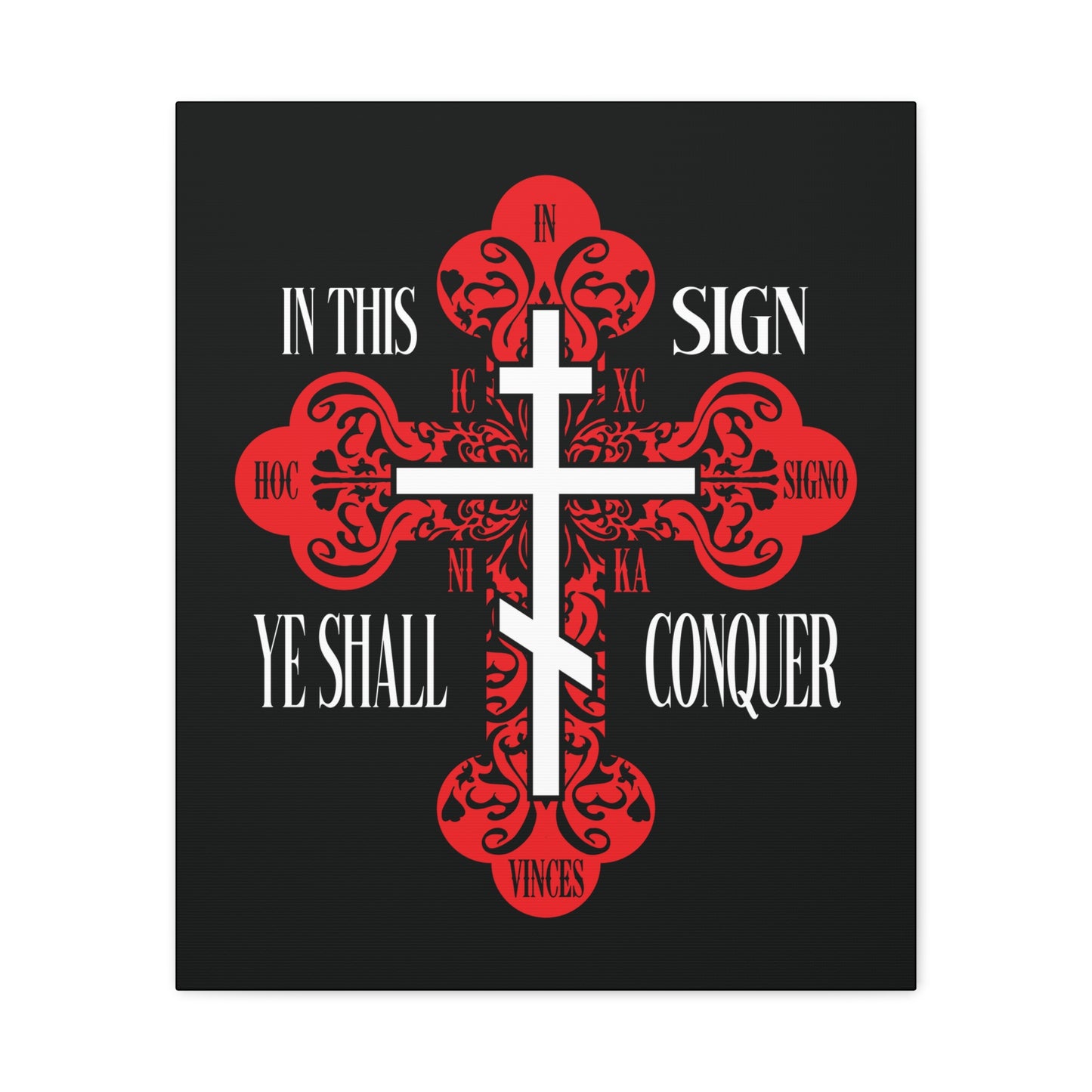 A red ornate Orthodox cross with "In This Sign Ye Shall Conquer" in white, featured on black. ICXC NIKA | Jesus Christ Conquers | Christian wall art.