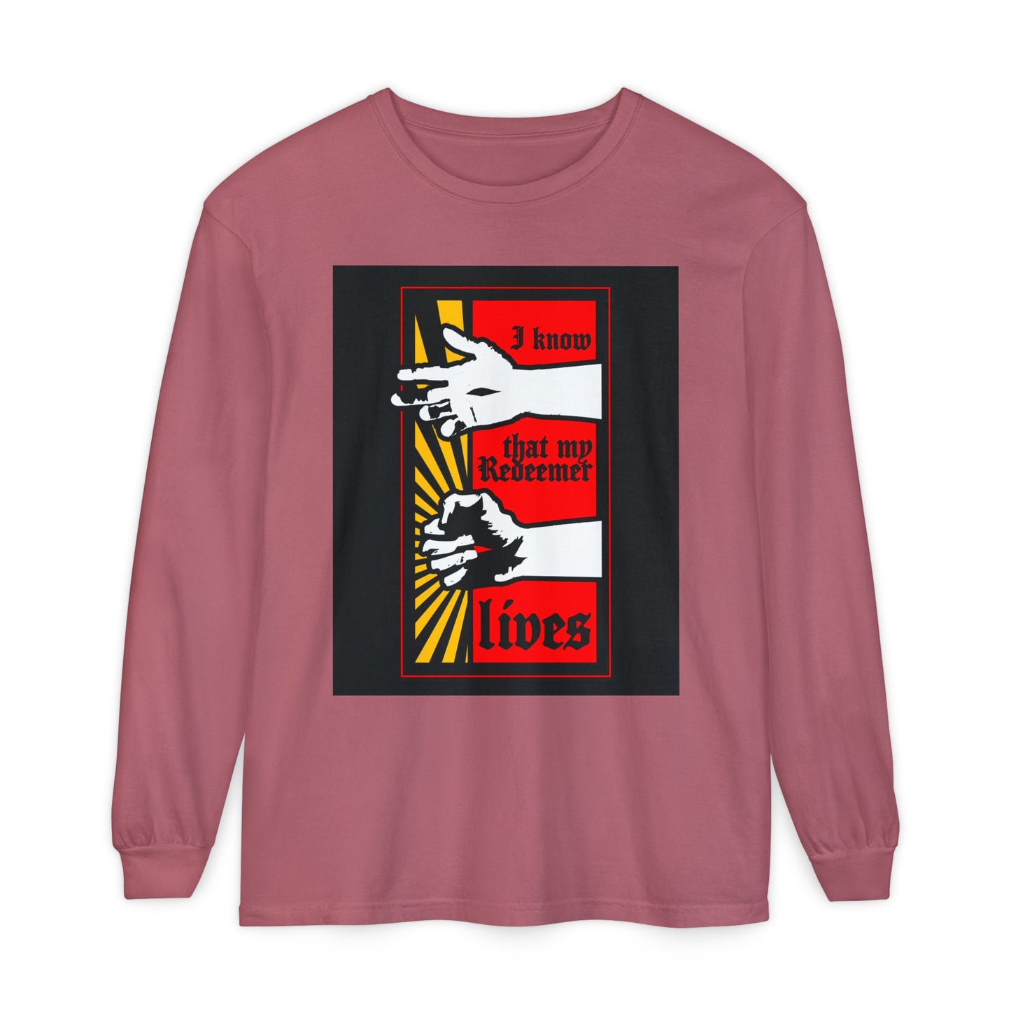 Crimson long-sleeve shirt featuring a comic book-style "I Know That My Redeemer Lives" (Job 19:25) graphic, with resurrected Jesus fist and divine power, Orthodox Christian design.