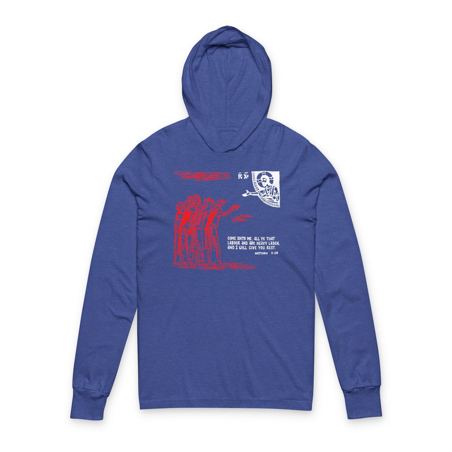 Heather true royal hoodie featuring an icono-graphic drawing of people reaching upward, inspired by the Holy Spirit, and bilingual text: "Come Unto Me All Ye That Labour & Are Heavy Laden (Matt. 11:28)" on the front.