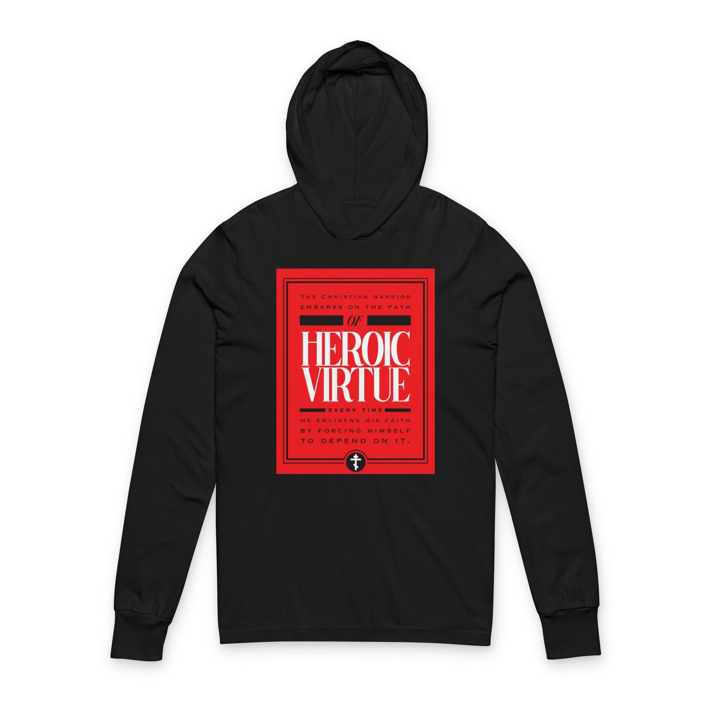 Black hooded shirt featuring a red "Heroic Virtue" graphic, inspired by Christian warriors, with additional white text: "Ascetic Ethos" and "All Things Through Christ (Phil 4:13)".