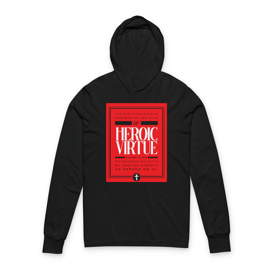 Black hooded shirt featuring a red "Heroic Virtue" graphic, inspired by Christian warriors, with additional white text: "Ascetic Ethos" and "All Things Through Christ (Phil 4:13)".