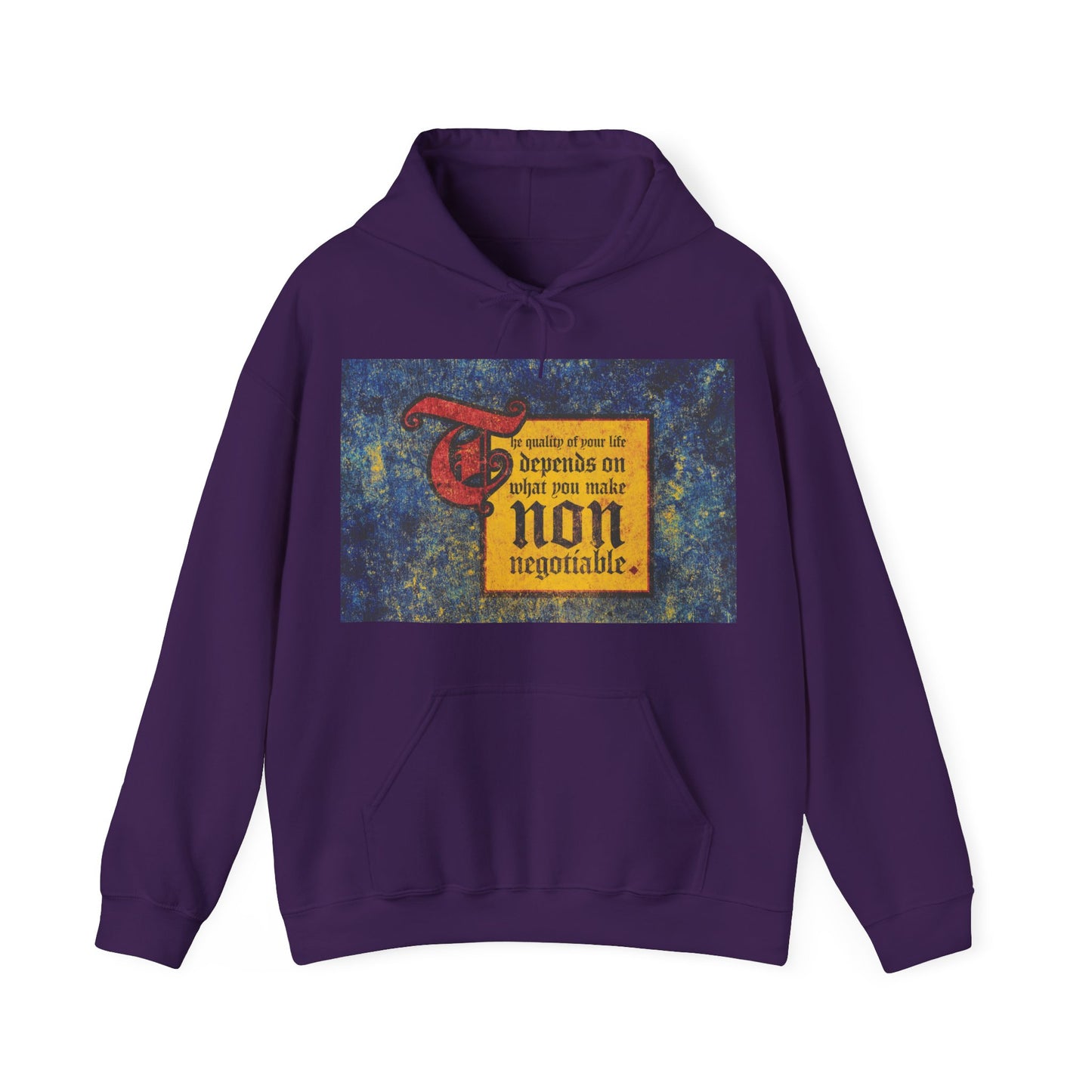 The Quality of Your Life Depends on What You Make Non-Negotiable hoodie in purple features a motivational Orthodox Christian graphic, inspiring you to prioritize what truly matters with uncompromising faith.