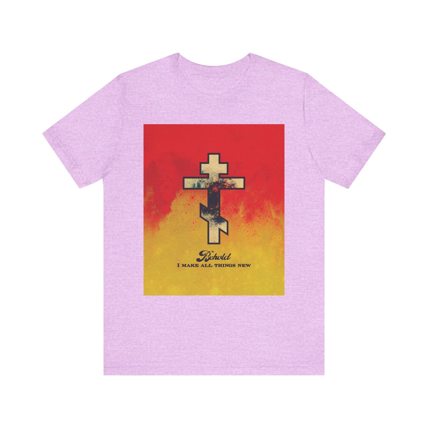 Heather Prism Lilac unisex tee featuring a cosmic Orthodox cross on a red and yellow background with “Behold, I Make All Things New (Rev 21:5)”. Lightweight cotton, inspired by the new heavens and new earth.