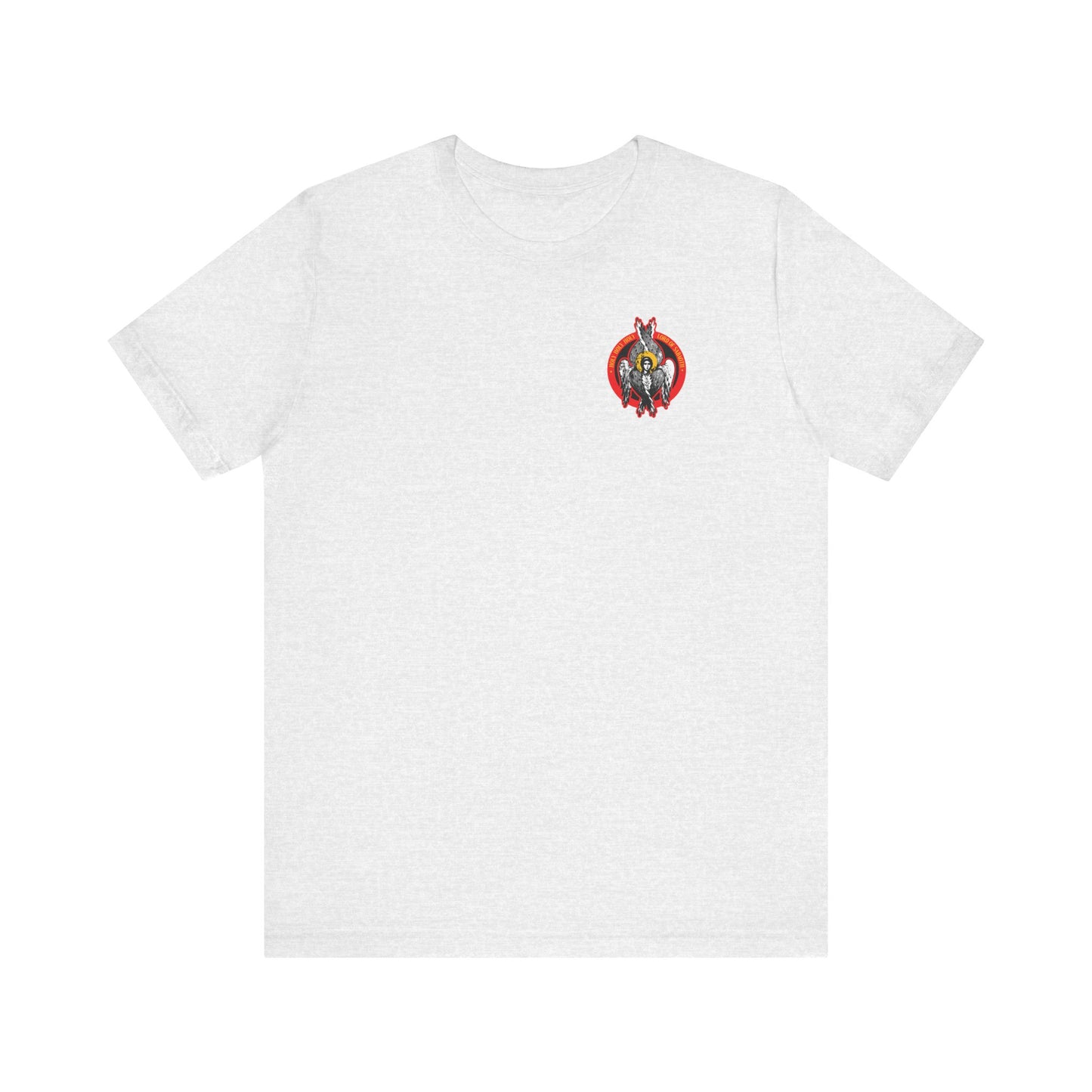 Ash-colored unisex lightweight cotton t-shirt featuring a small Holy Holy Holy Seraphim Angel icon-graphic—evoking angels—inside a red heart on the left chest.