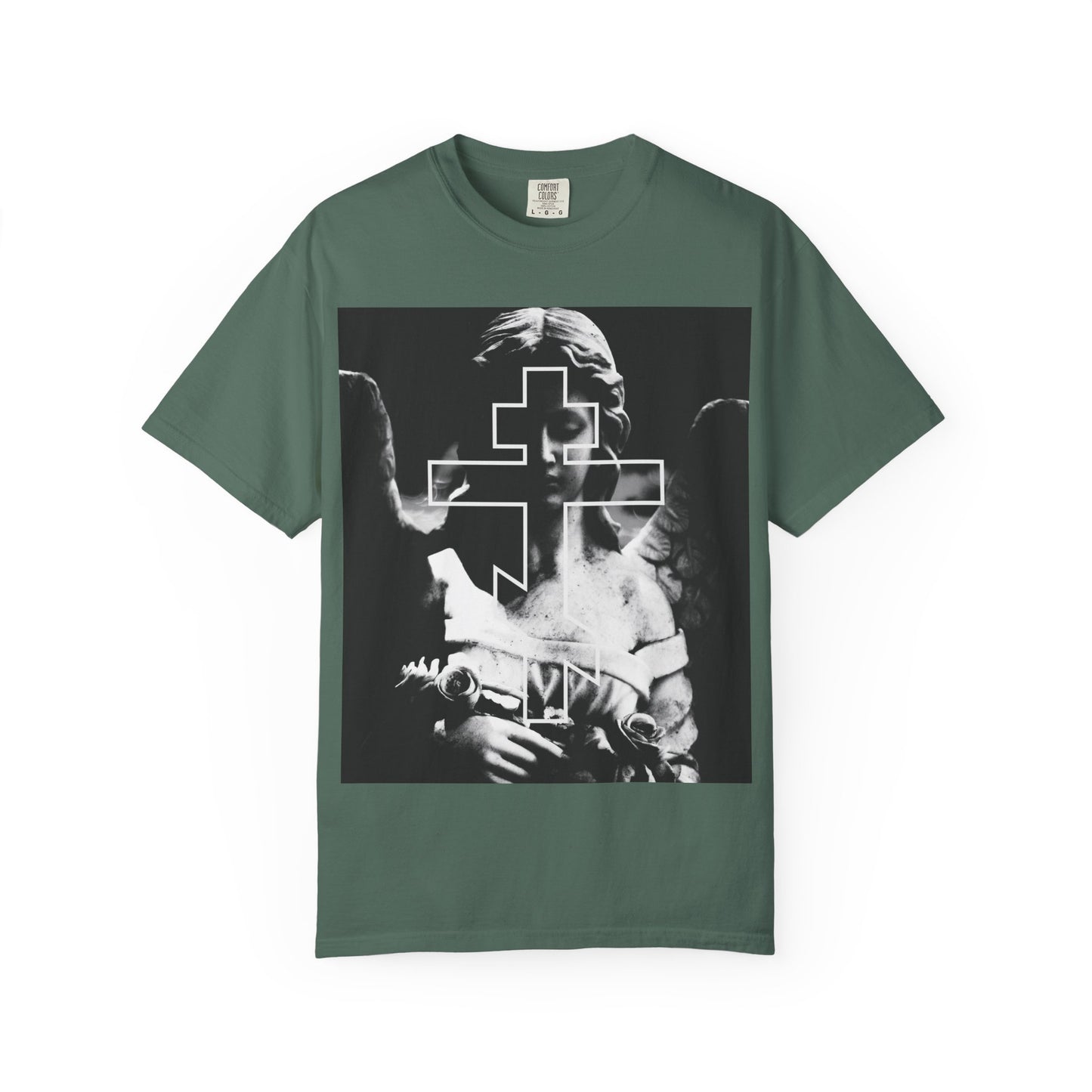 Blue Spruce heavyweight cotton tee featuring a grayscale cemetery angel and Orthodox cross—perfect for those drawn to goth aesthetics and Memento Mori themes. Unisex fit.