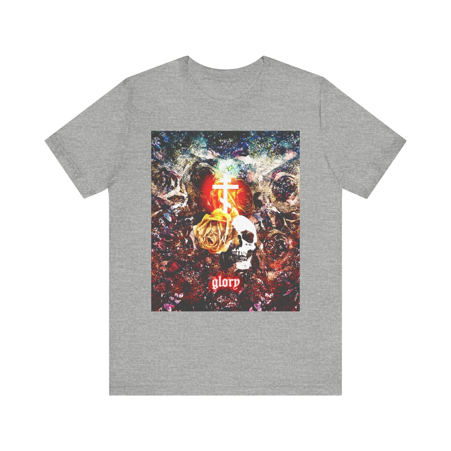 Athletic Heather lightweight cotton unisex tee, titled "Now the Son of Man is Glorified (John 13:31)," features an evocative skull and floral glowing cross graphic with "glory" at the bottom—an Orthodox Christian design inspired by Judas Iscariot and the Last Supper.