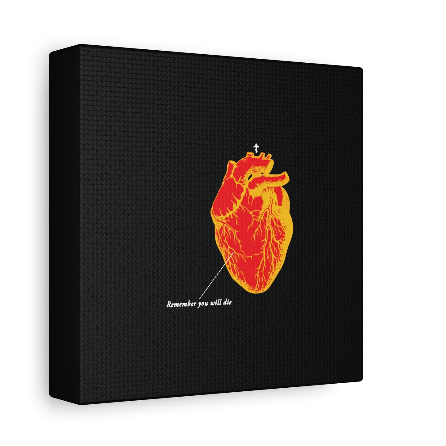 The "Remember You Will Die Retro Medical Textbook Heart Design" features an inverted red & orange anatomical heart with memento mori text on a black canvas—Orthodox Christian wall art reflecting on mortality and the soul’s journey.