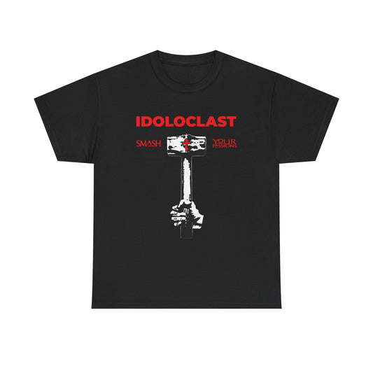 Black "Idoloclast Idol-Smasher" t-shirt featuring a Jesus fist with sledgehammer, "Smash Your Passions," ICXC NIKA, and Christian asceticism theme. Heavy cotton.