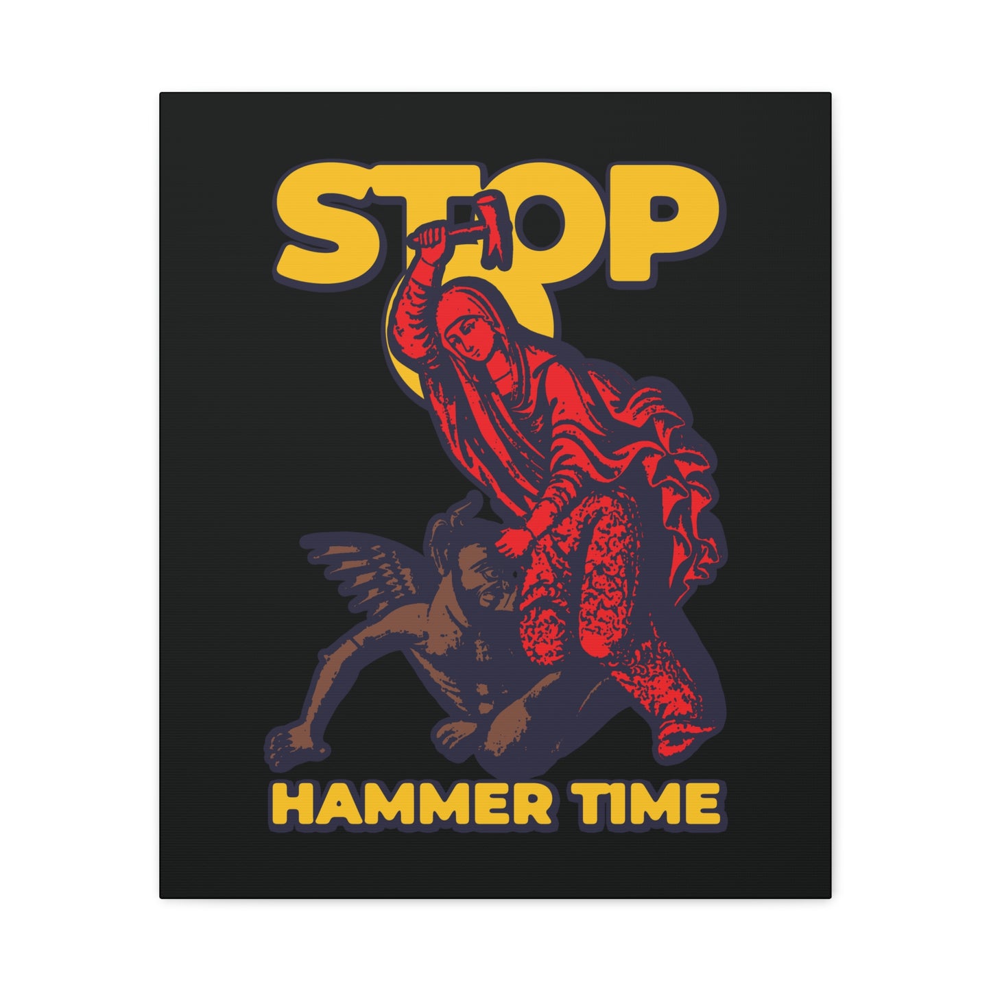 Modern Orthodox meme art featuring St Marina of Antioch beating the devil with a hammer and the words "Stop, Hammer Time" in bold red, blue, and yellow on a black background—unique Christian wall decor.