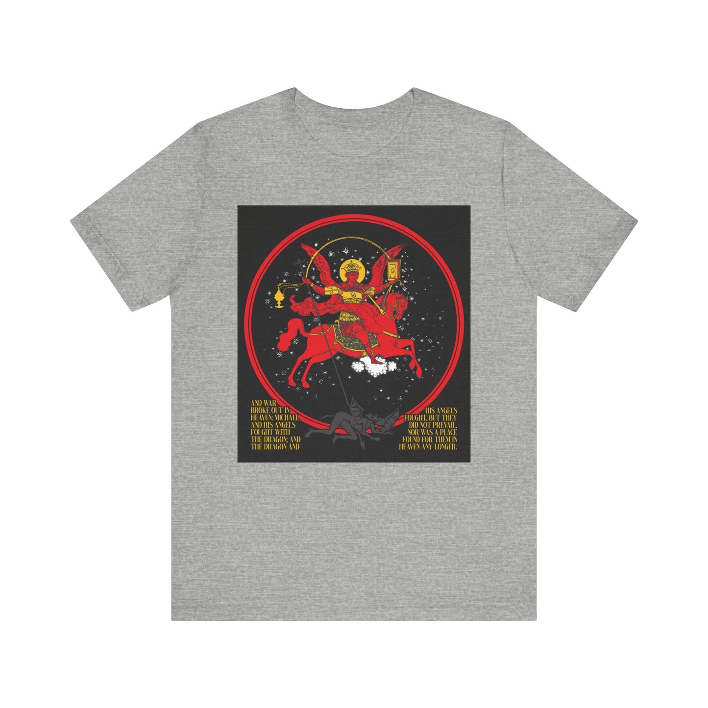 Athletic Heather unisex t-shirt featuring a double-sided iconographic graphic of Archangel Michael of the Apocalypse: “Death is Swallowed Up In Victory.” Made of lightweight cotton.
