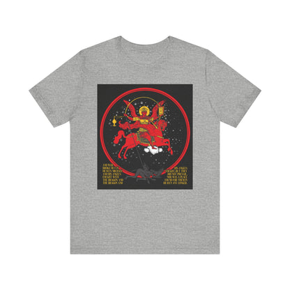 Athletic Heather unisex t-shirt featuring a double-sided iconographic graphic of Archangel Michael of the Apocalypse: “Death is Swallowed Up In Victory.” Made of lightweight cotton.