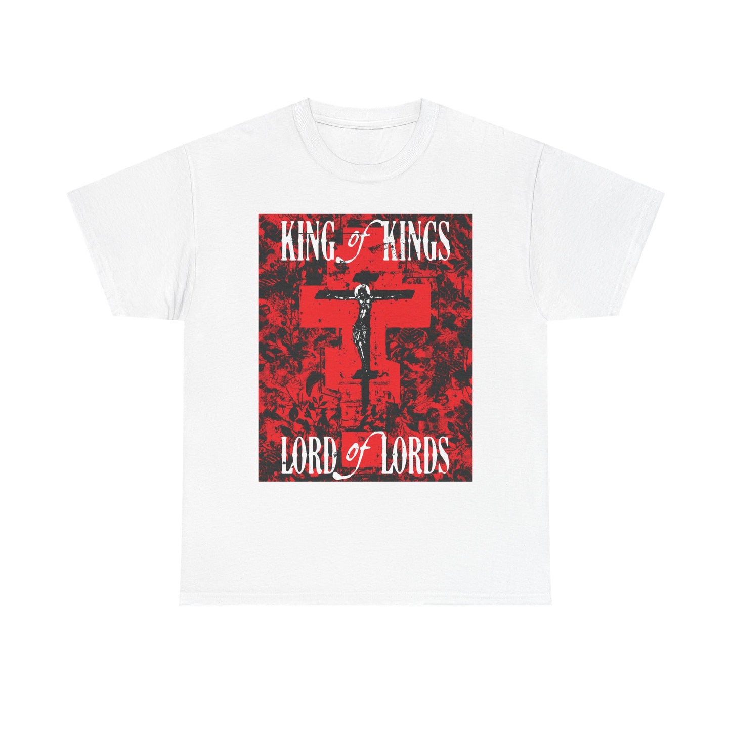 King of Kings, Lord of Lords | Christ Crucified Icono-Graphic | Red Cross Nature Texture w/ White Text | Midweight Cotton Unisex Tee