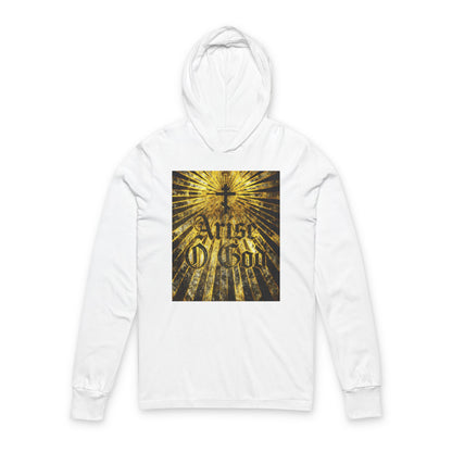 White hoodie with Orthodox cross, golden rays, and "Arise O God" in textured Gothic font—a nod to the Divine Council worldview of Psalm 81 (82 LXX). Perfect for Orthodox Christians.