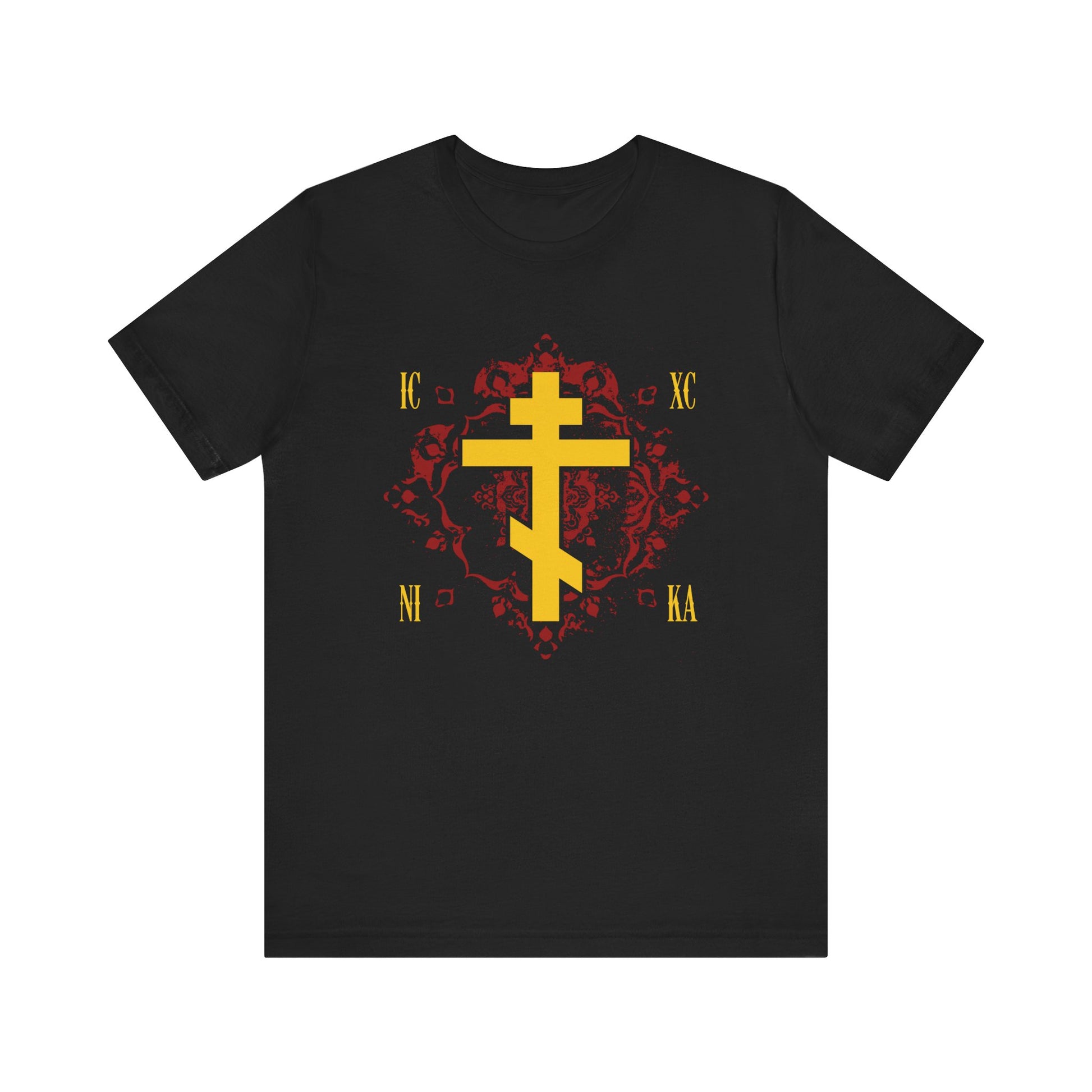 Black lightweight cotton unisex t-shirt showcasing the ICXC NIKA yellow Orthodox Cross on an ornate red background, highlighted with gold religious lettering inspired by St. Kosmas Aitolos—symbolizing the grace of sonship and proclaiming "Jesus Christ Conquers.