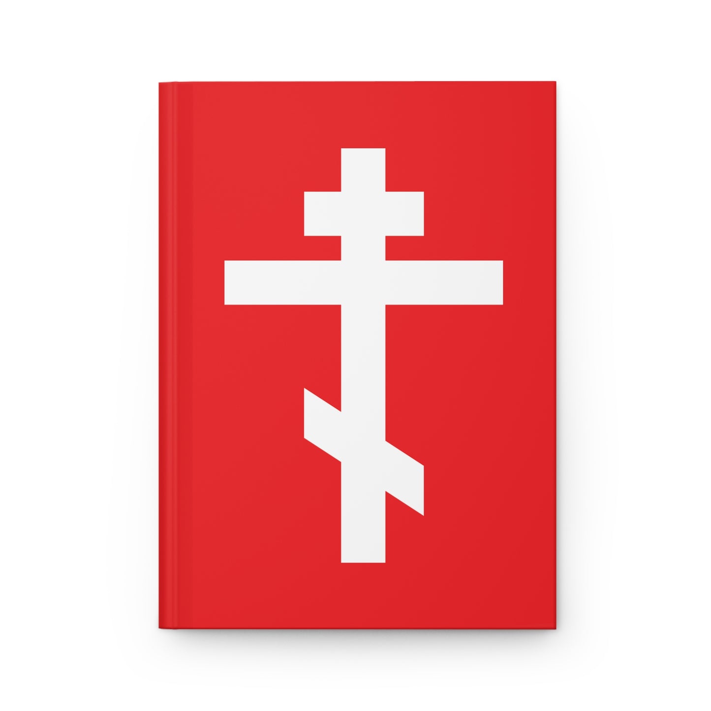 A red hardcover journal featuring a white Orthodox cross and the quote: "May I never boast, except in the cross of our Lord Jesus Christ" (Gal 6:14).