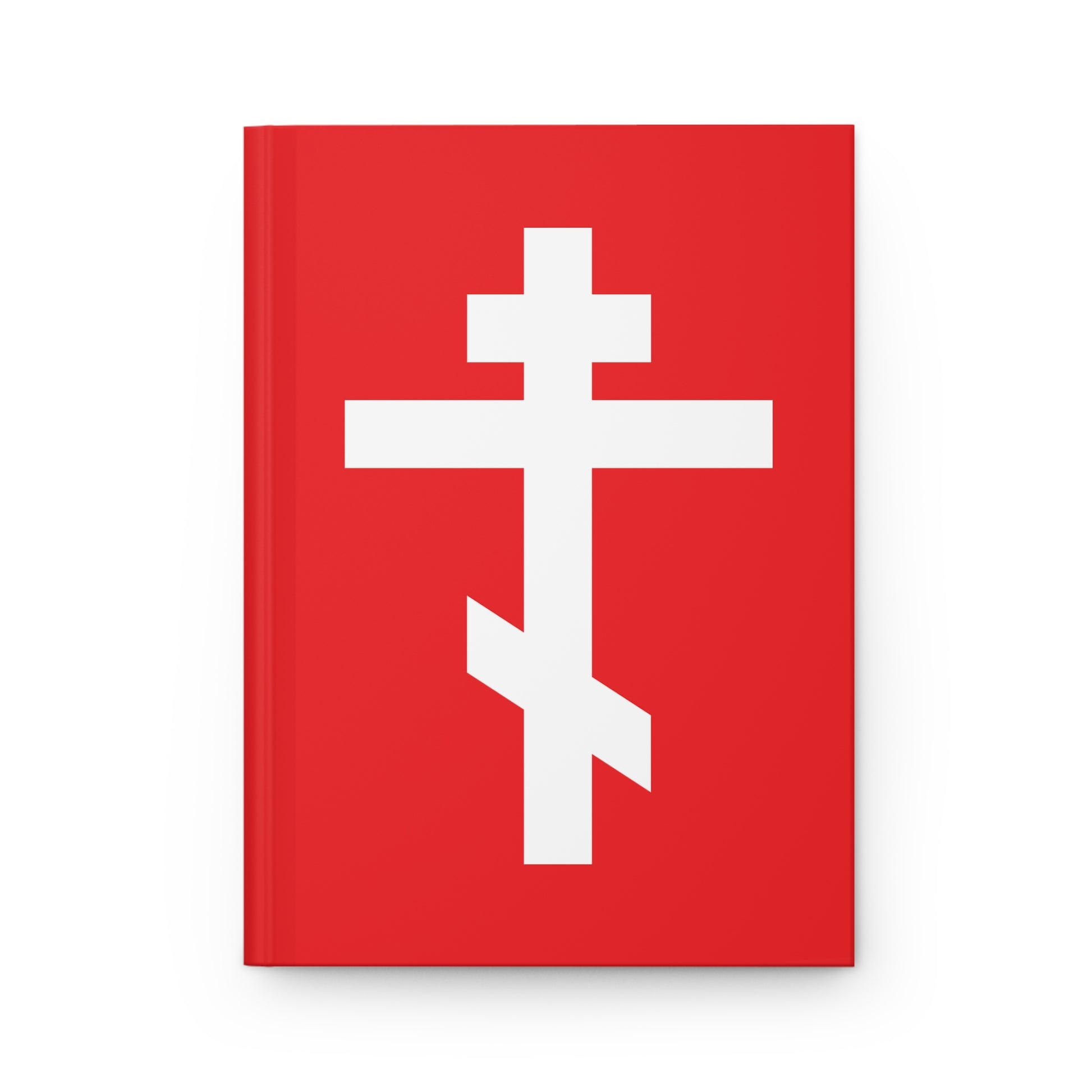 A red hardcover journal featuring a white Orthodox cross and the quote: "May I never boast, except in the cross of our Lord Jesus Christ" (Gal 6:14).