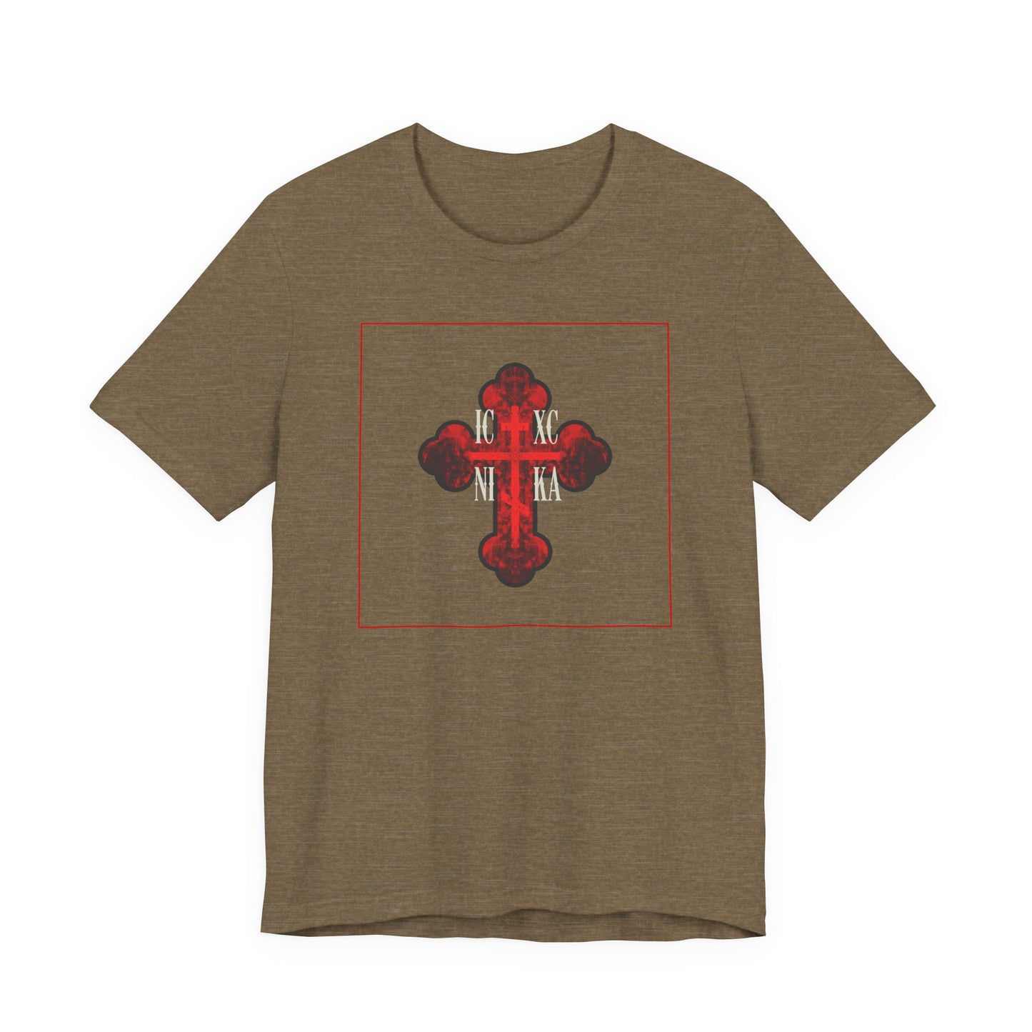ICXC NIKA Red Glowing Ornate Textured Orthodox Cross | The Cross is the Symbol of Salvation | Christian Cotton Unisex Tee
