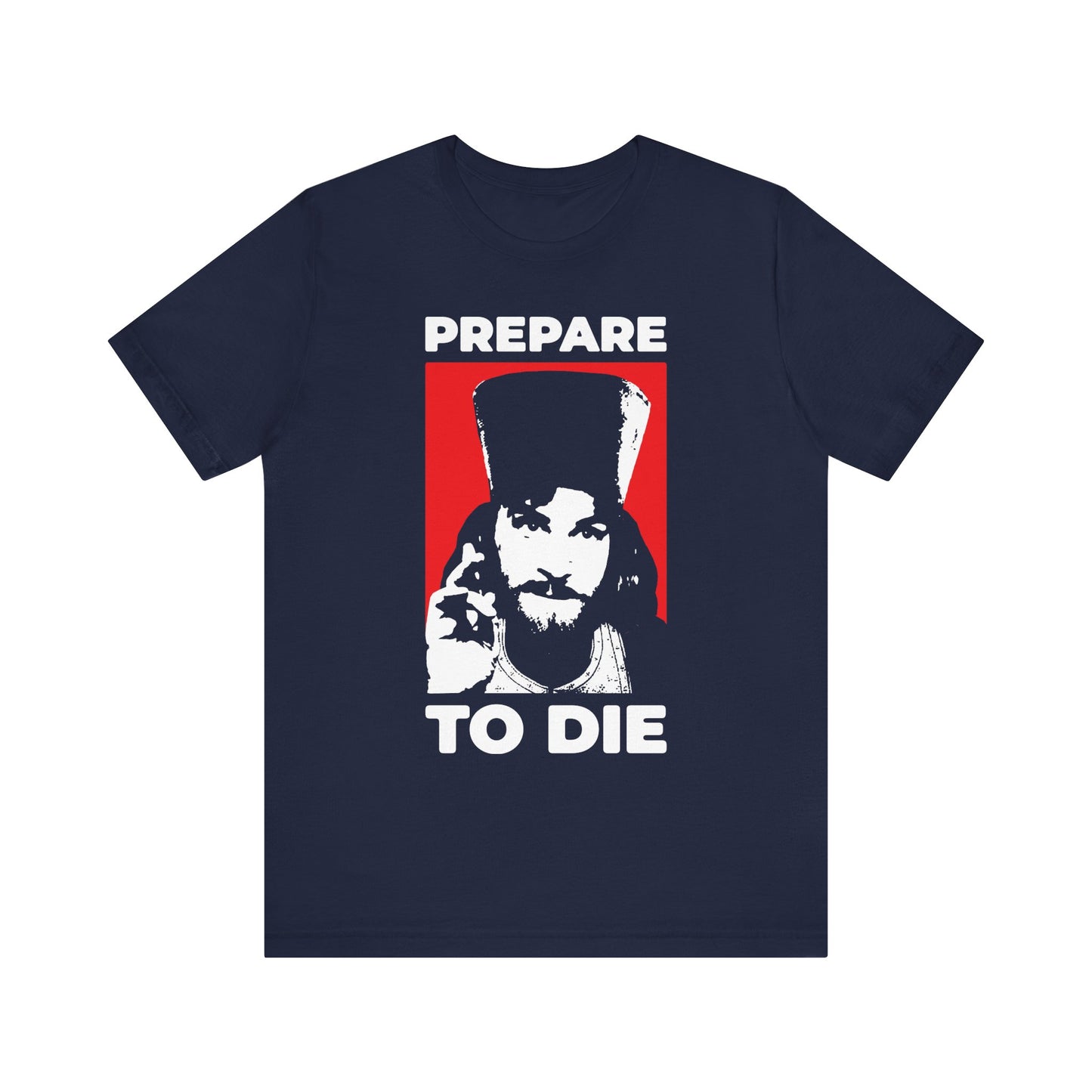 Navy "Prepare to Die | Remember You Will Die" lightweight cotton unisex t-shirt featuring Inigo Montoya as an Orthodox priest giving a blessing, set against a red rectangle background, and inspired by timeless reflections on the hour of death.