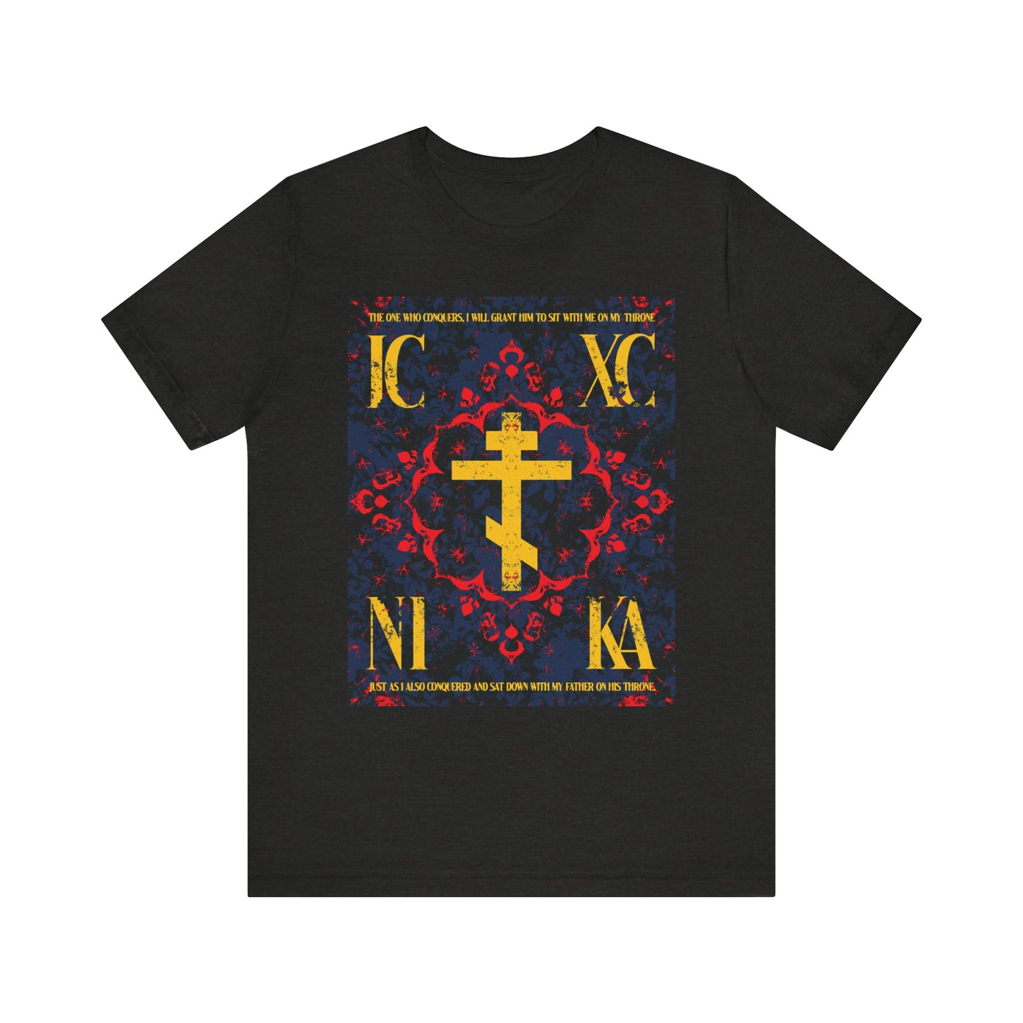 Black Heather t-shirt with a gold Orthodox cross, medieval floral design, and IC XC NIKA—"The One Who Conquers" (Revelation 3:21)—symbolizing salvation through grace; made from lightweight cotton for unisex fit.