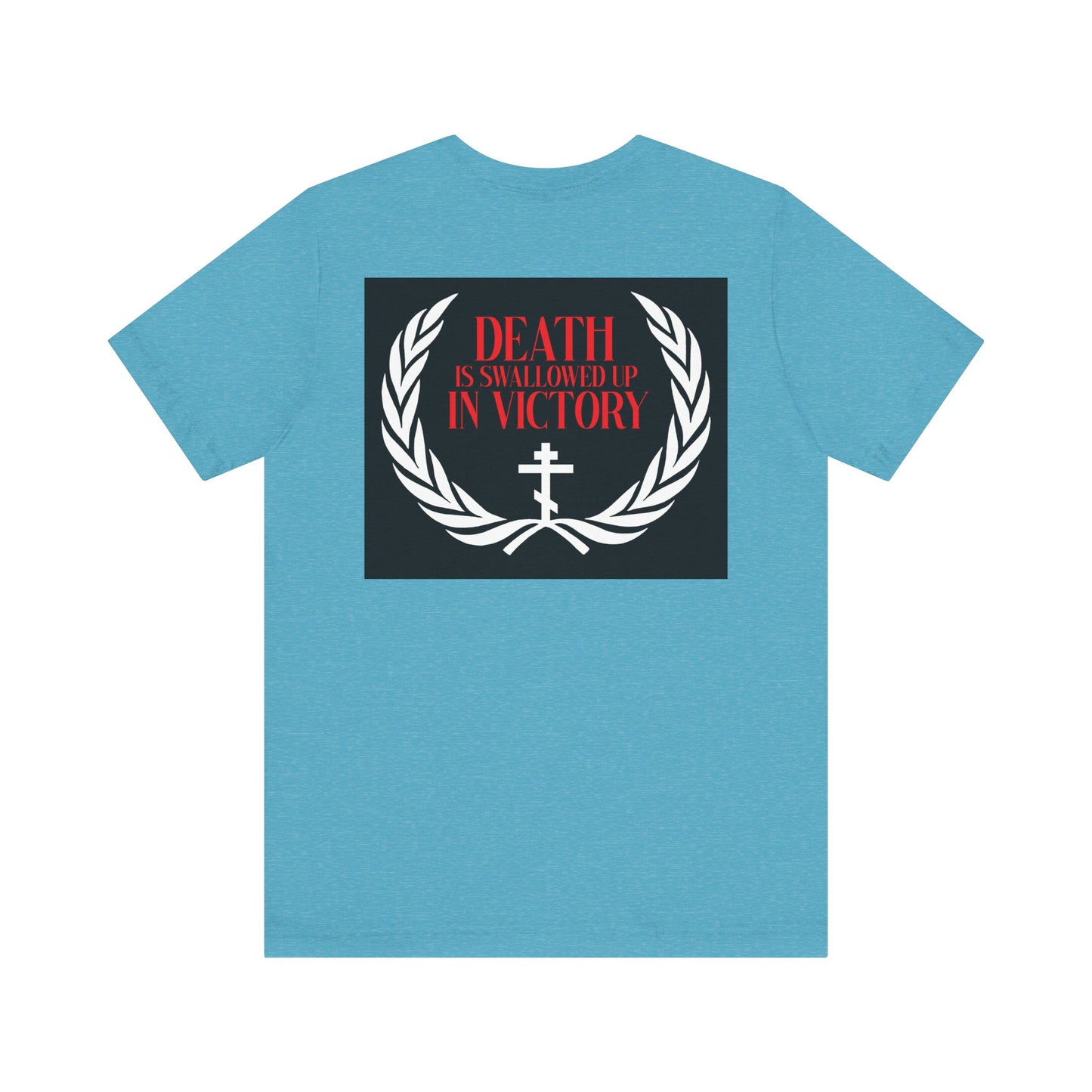 The Archangel Michael of the Apocalypse Iconographic T-shirt features a laurel wreath and cross with "Death is Swallowed Up In Victory," inspired by Revelation 12:7-9. Double-sided design on lightweight cotton. Unisex fit.