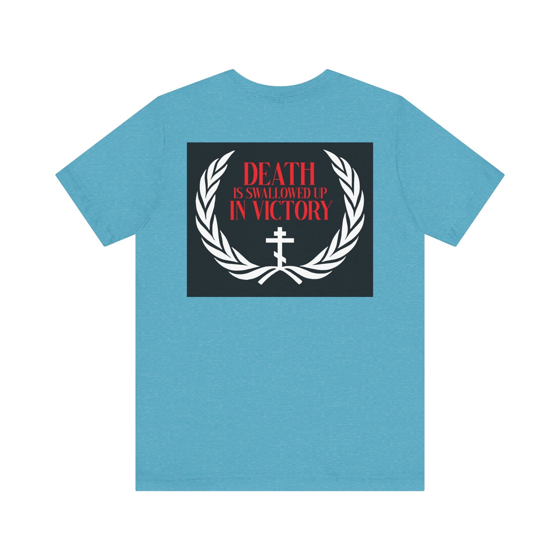 The Archangel Michael of the Apocalypse Iconographic T-shirt features a laurel wreath and cross with "Death is Swallowed Up In Victory," inspired by Revelation 12:7-9. Double-sided design on lightweight cotton. Unisex fit.