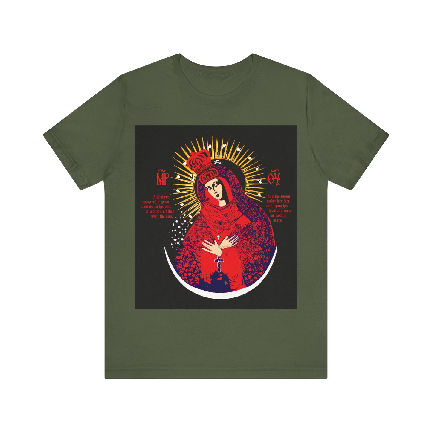 Military green cotton T-shirt featuring "Our Lady the Gate of Dawn Icono-Graphic," a crowned Theotokos in red, blue, and gold, inspired by the Woman of the Apocalypse Orthodox icon.