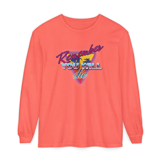 Bright Salmon long-sleeve cotton shirt, "Remember You Will Die" palm tree 80s retro synthwave style, inspired by St. John Climacus and the Ladder of Divine Ascent—nostalgic Orthodox memento mori design.