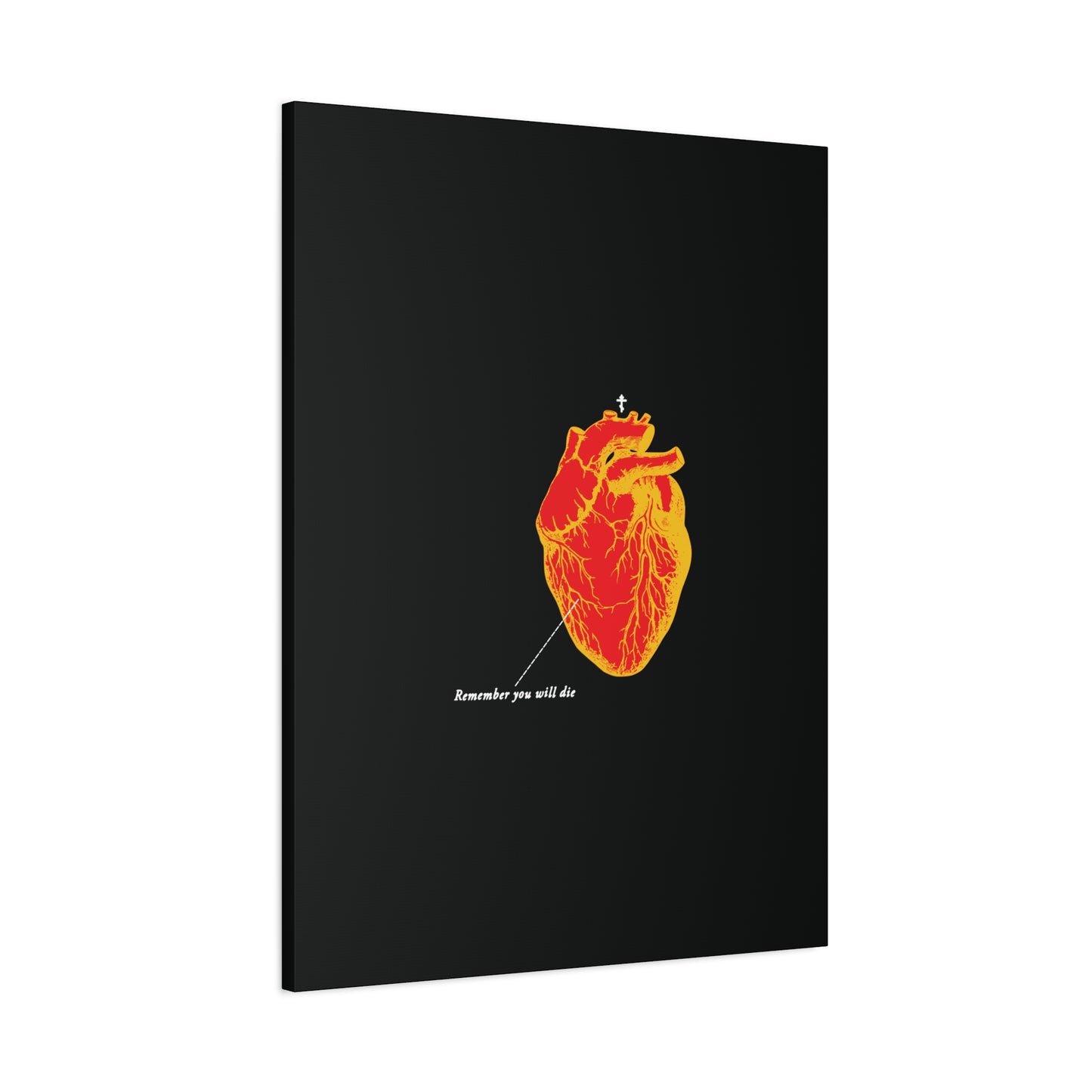The "Remember You Will Die Retro Medical Textbook Heart Design" canvas wall art features an inverted red & orange anatomical heart, a small cross, and Orthodox Christian memento mori theme on a black background.