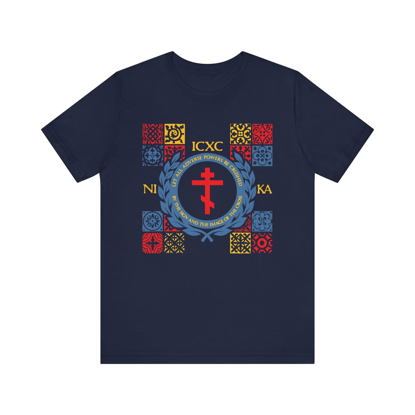 Navy "Let All Adverse Powers Be Crushed" t-shirt featuring ICXC NIKA, red/yellow/blue medieval tile design, and Greek letters. Lightweight cotton unisex fit.