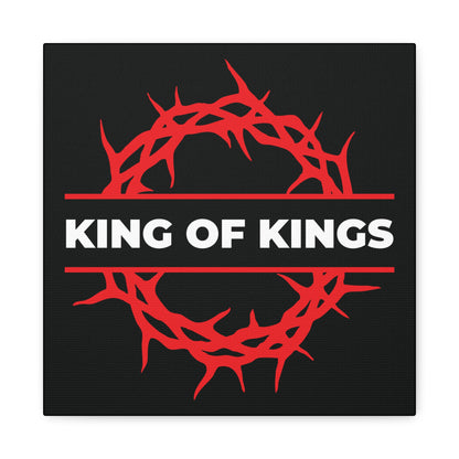 Red crown of thorns and "KING OF KINGS" in bold white on black backdrop, inspired by Revelation 19:16. King of Kings Crown of Thorns | The King of Glory | Christ is King | Bold Christian Canvas Art.