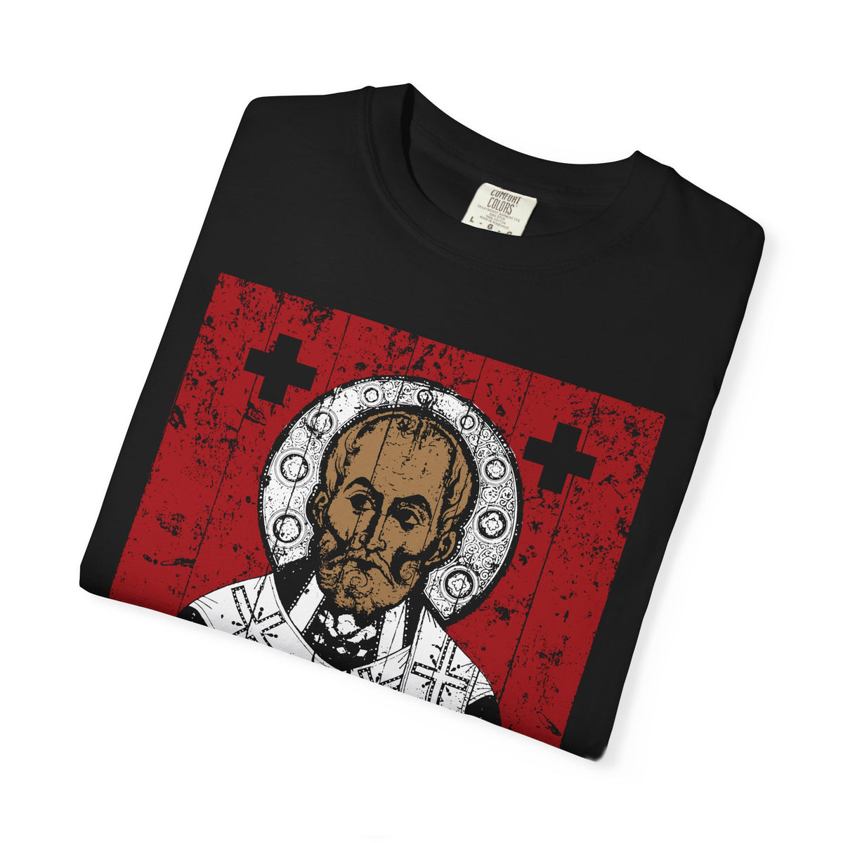 St Nicholas of Myra | Definitely Not Santa | Striker of Arius, Defender of Orthodoxy tee with a distressed icon.