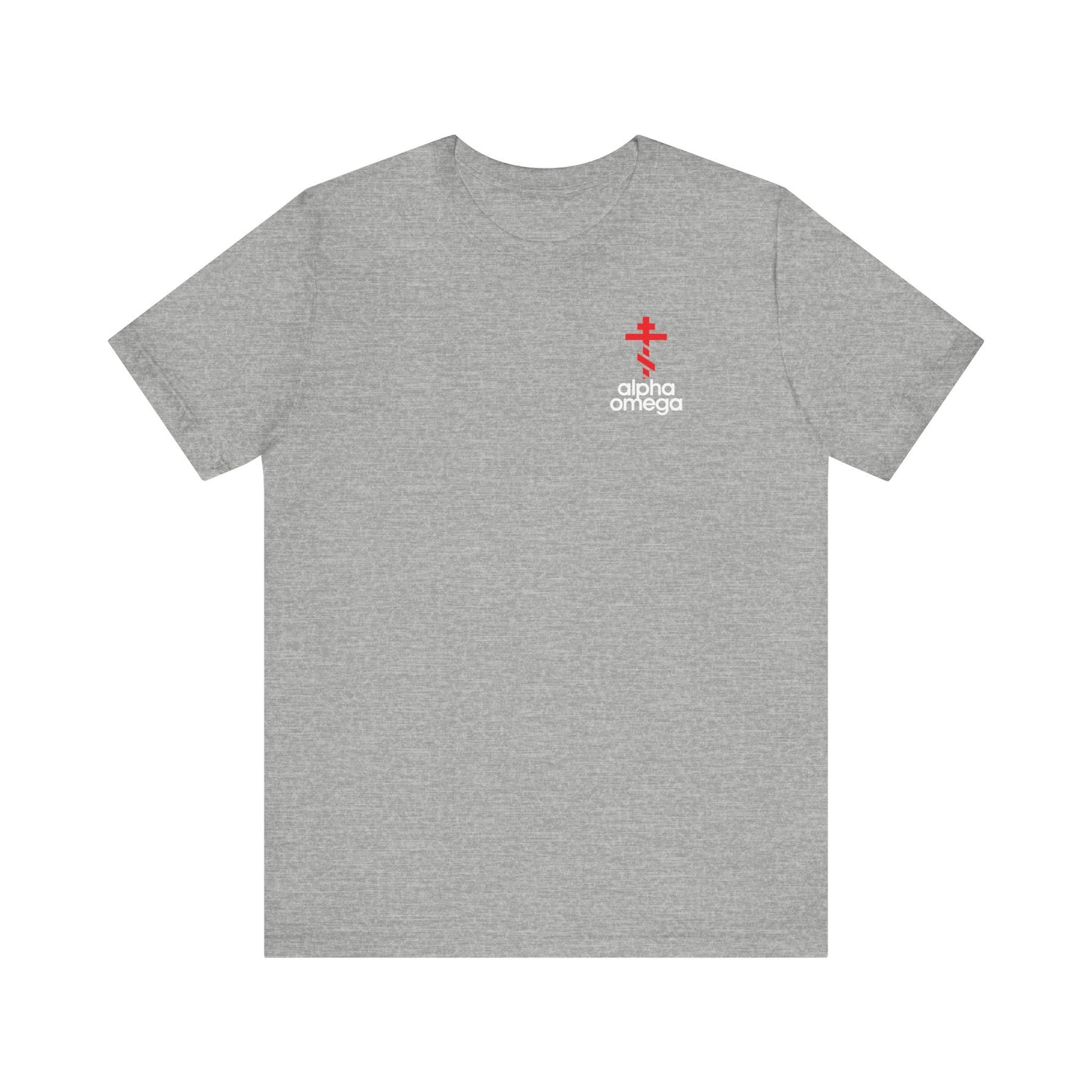 Athletic Heather unisex tee featuring a small red Orthodox cross and "Alpha & Omega" text—a minimalist Adidas-inspired Christian design for everyday wear, symbolizing faith and the spirit of prayer.