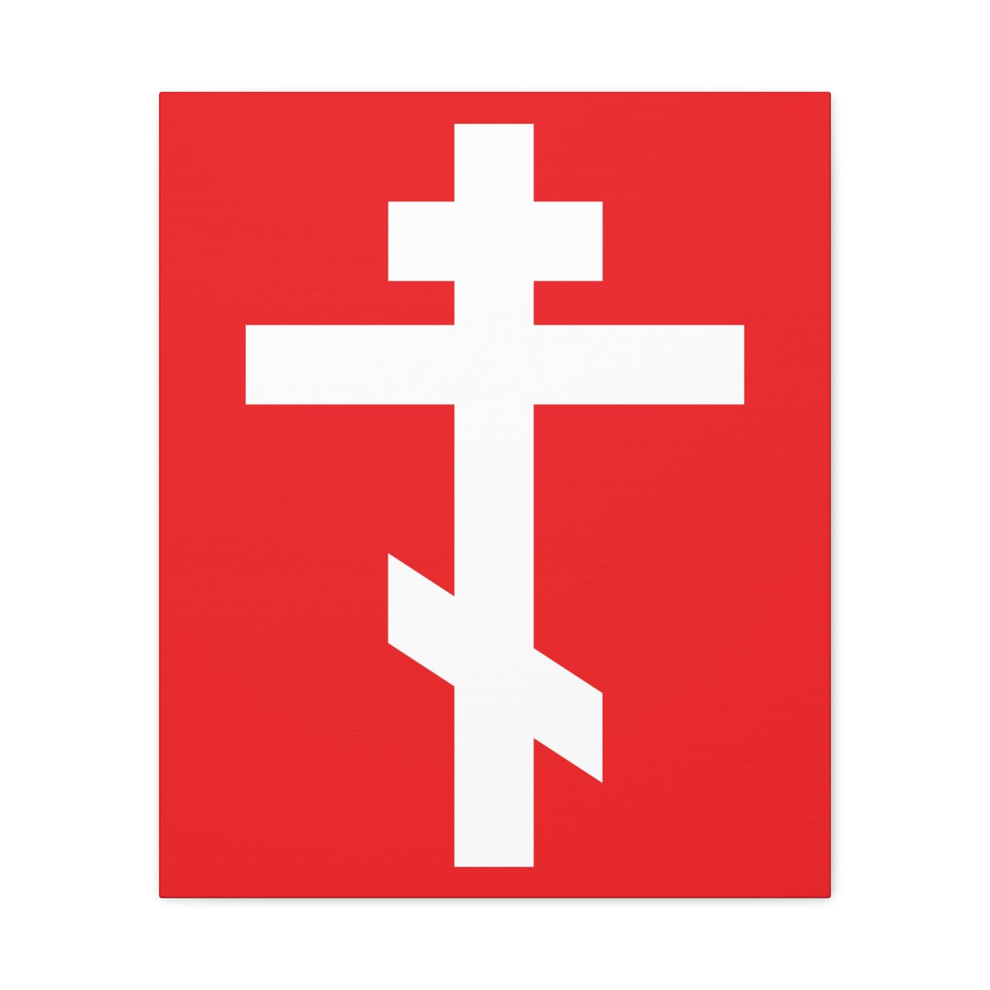 The "White Orthodox Cross Red Background" Orthodox Canvas Art displays a striking white cross on red, with the verse "May I never boast, except in the cross of our Lord Jesus Christ" (Gal 6:14).