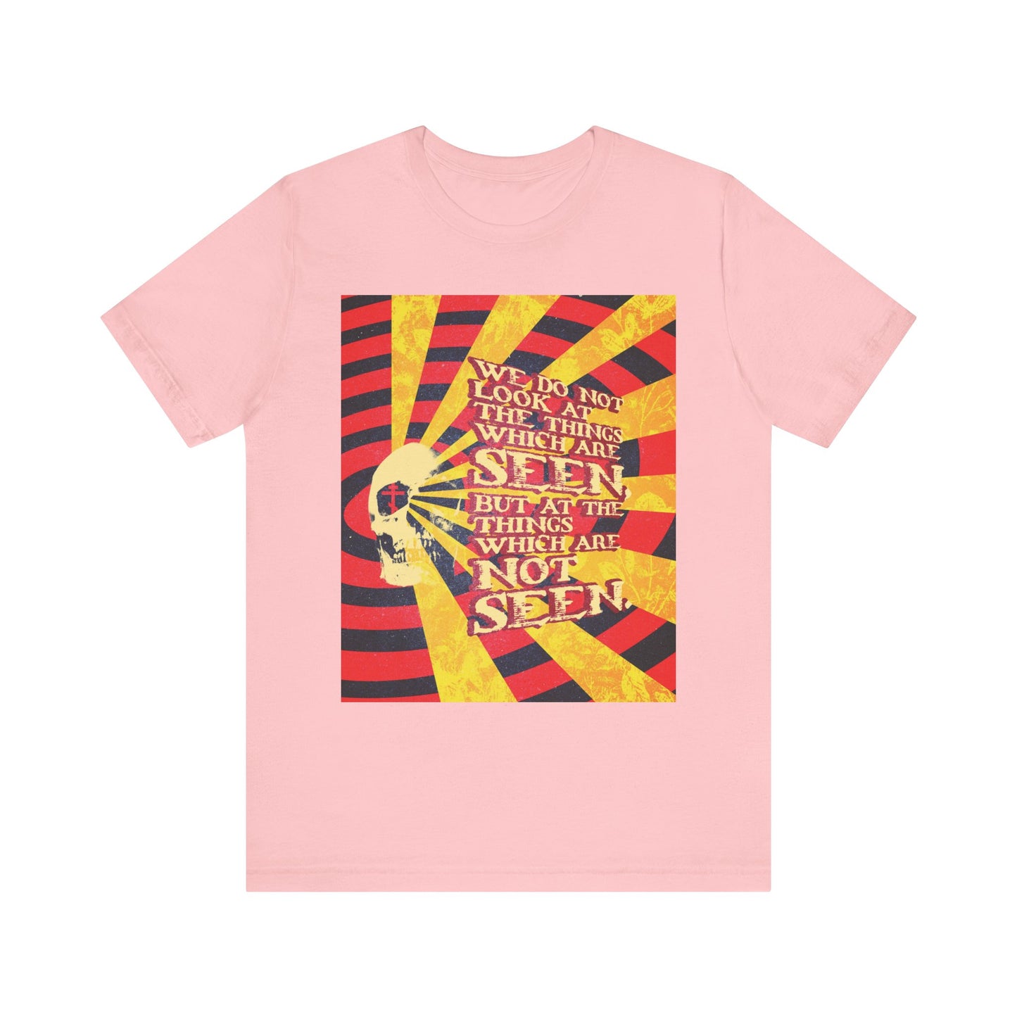 Check out our pink "We Do Not Look at the Things Which Are Seen" unisex tee, inspired by Giallo horror movie posters and Orthodox Christian faith. This lightweight cotton shirt features a skull with radiant rays and bold text in red, yellow, and white—a graphic nod to 2 Corinthians 4:18 and the eternal promise beyond what is visible.